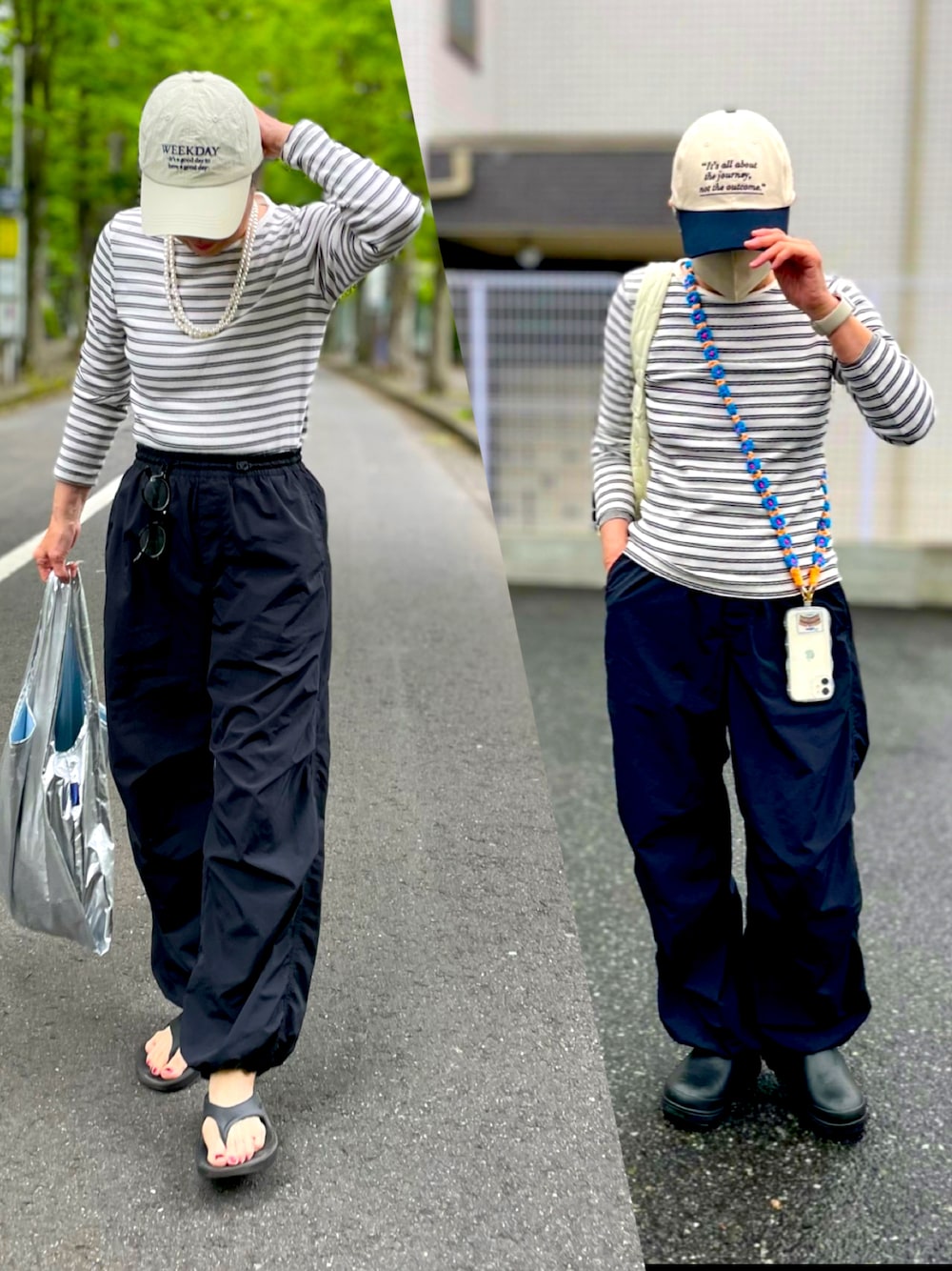 「ボーダー、ボーダーTシャツ、無印良品、パラシュートパンツ、ビーサン、エコバッグ、シルバー、シルバーバッグ、キャップ、モノトーン」｜「無印良品のストレッチリブ編みクルーネック長袖Ｔシャツ（Tシャツ/カットソー、ブラック系）」を使った、ゆりさん（レディース・154cm）の春コーディネートの1枚目の写真