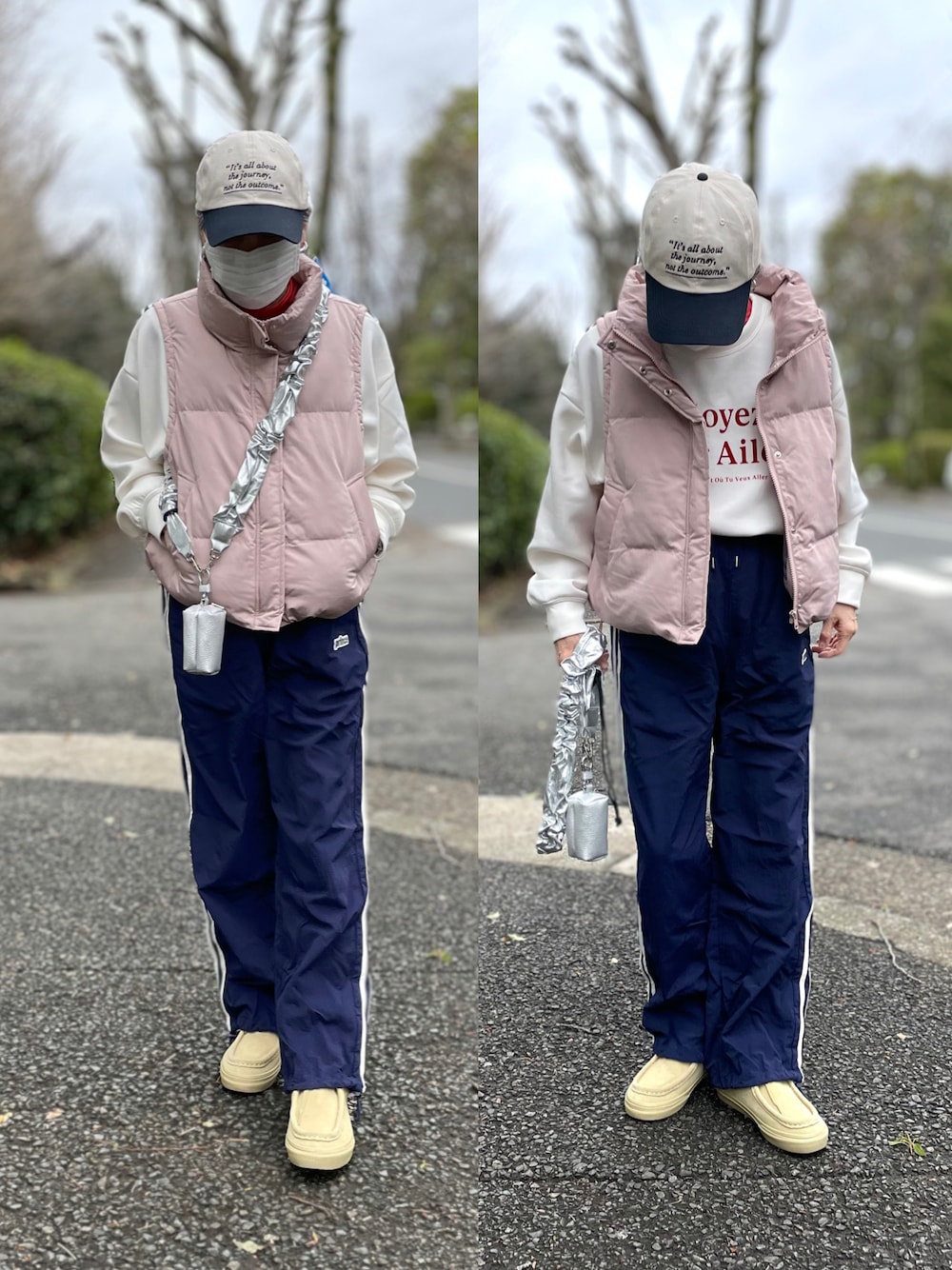 「ダウンベスト、くすみピンク、ショート丈、キャップ女子、ロゴスウェット、ラインパンツ、スマホショルダー、ワラビー、スニーカー、VANS CARVER」｜「DISCOATの機能中綿ショートベスト（ジャケット/アウター、ピンク系）」を使った、ゆりさん（レディース・154cm）の春コーディネートの1枚目の写真