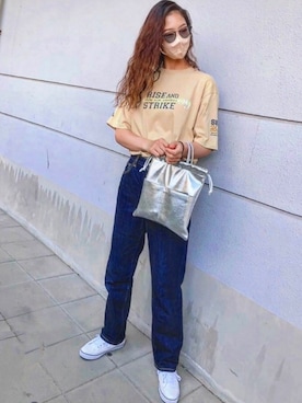 「古着のアイテム（Tシャツ/カットソー、ベージュ系）」を使った、ＹＵＮさん（レディース・168cm）の夏コーディネート