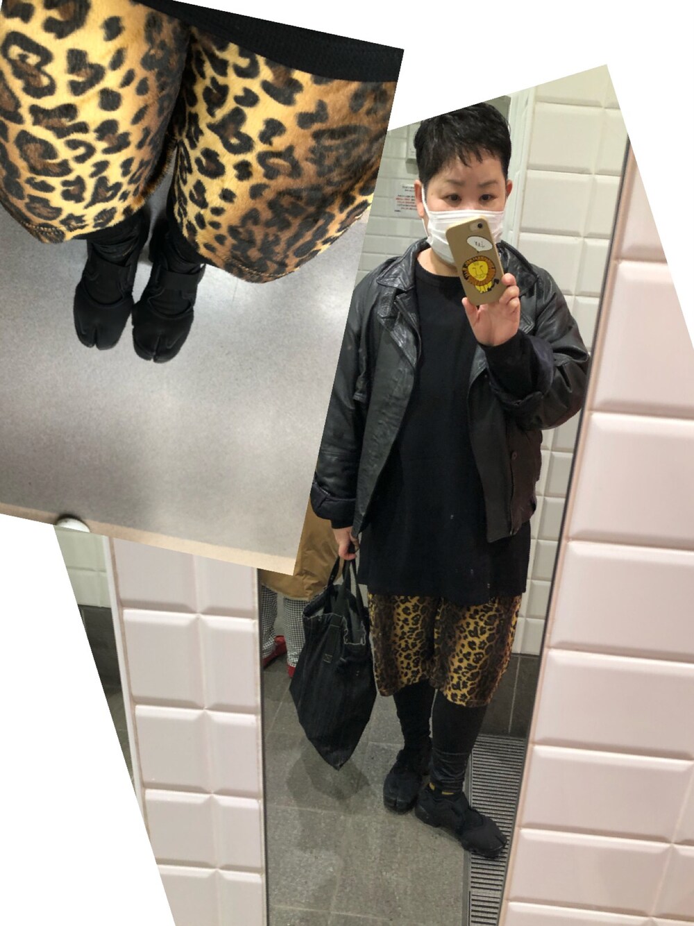ブラウン系のその他パンツ、ブラック系のライダースジャケット、ブラック系のスニーカーを着用したレディースの冬コーディネートの1枚目の写真