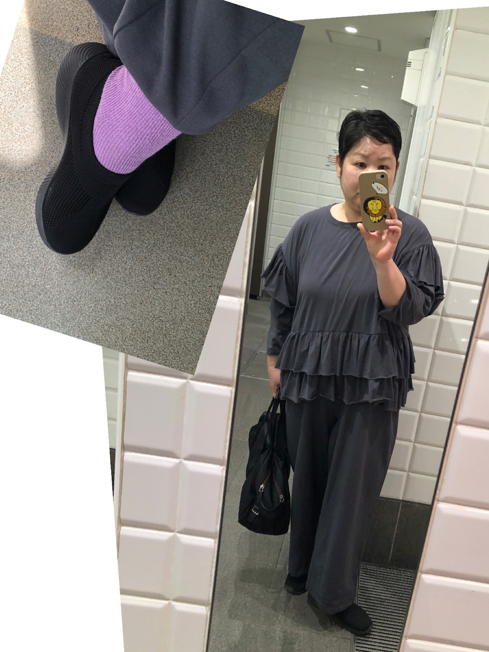 「セットアップ、グレー、グレーコーデ、リラックススタイル」｜「SHEINのSHEIN ラッフルヘムクルーネックTシャツ（Tシャツ/カットソー、グレー系）」を使った、すーさんＤＸさん（レディース・160cm）の春コーディネートの1枚目の写真
