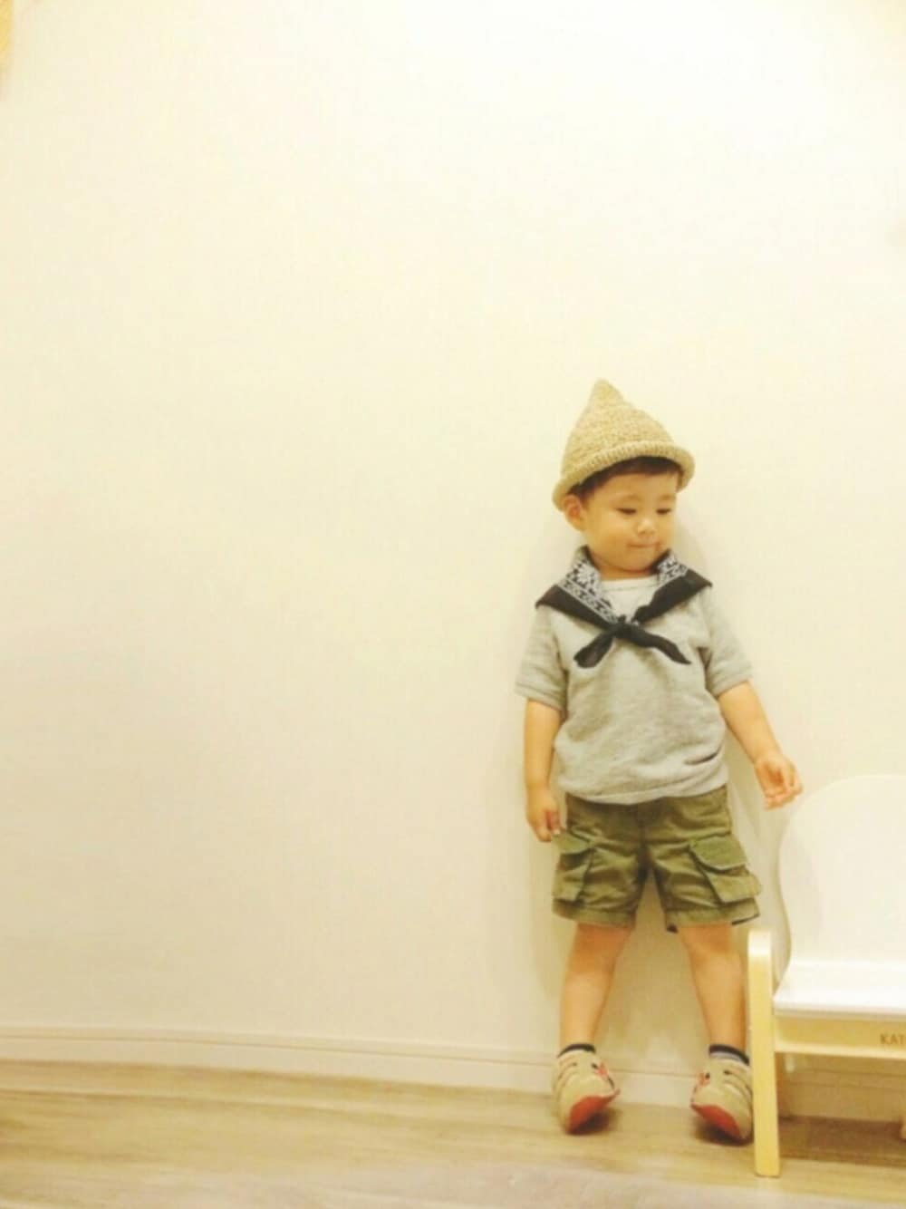 「kids、ハンドメイド、バンダナ、キッズコーデ、男の子、麦わら帽子、保育園、キッズファッション、麦わらどんぐり」｜「Handmadeのアイテム（帽子、ベージュ系）」を使った、taaaoさん（キッズ・90cm）の春コーディネートの1枚目の写真