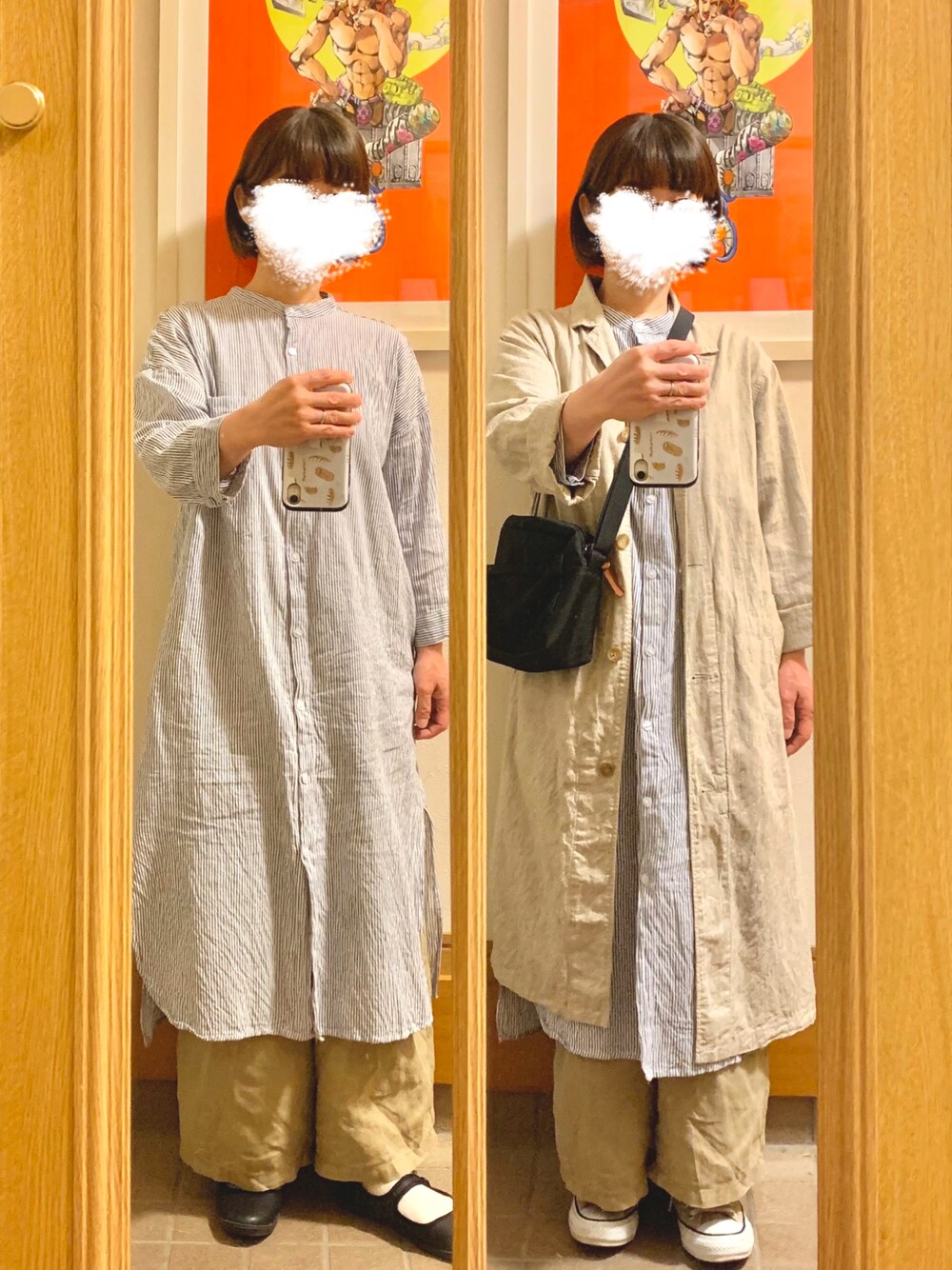 「今日のコーデ、今日の服、シャツワンピ、ストライプ、古着」｜「GREGORYのアイテム（ショルダーバッグ、ブラック系）」を使った、まっきさん（レディース・149cm）の春コーディネートの1枚目の写真