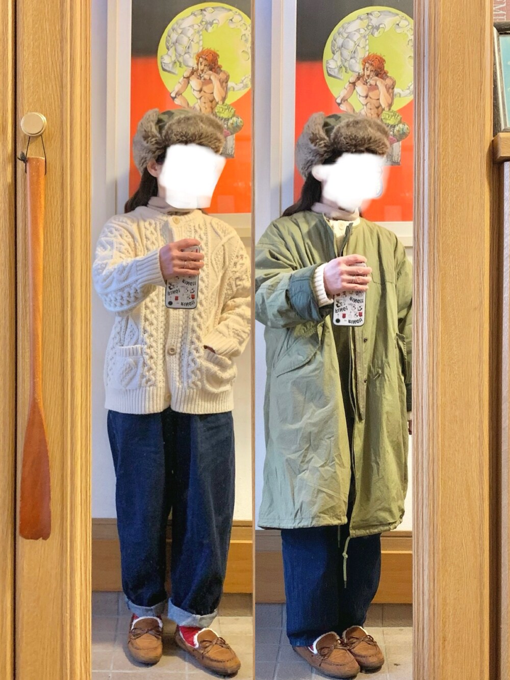 「昨日のコーデ、昨日の服、フライトキャップ、モッズコート、ざっくりニット、ニットカーディガン、古着、デニム、モカシン、ヒートテックフリースタートルネックＴシャツ」｜「Right-onのアイテム（カーディガン/ボレロ、ホワイト系）」を使った、まっきさん（レディース・150cm）の冬コーディネートの1枚目の写真