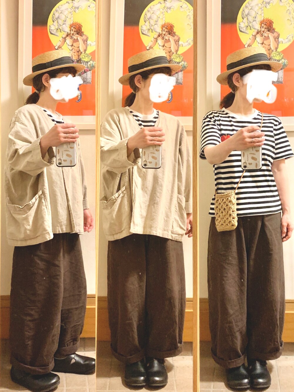 「昨日のコーデ、昨日の服、麦わら帽子、ボーダー」｜「14+の麦ブレードカンカン帽（ハット、ブラック系）」を使った、まっきさん（レディース・149cm）の春コーディネートの1枚目の写真