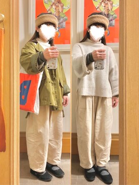 「白とカーキ」｜まっきさん（レディース・149cm）の冬コーディネート