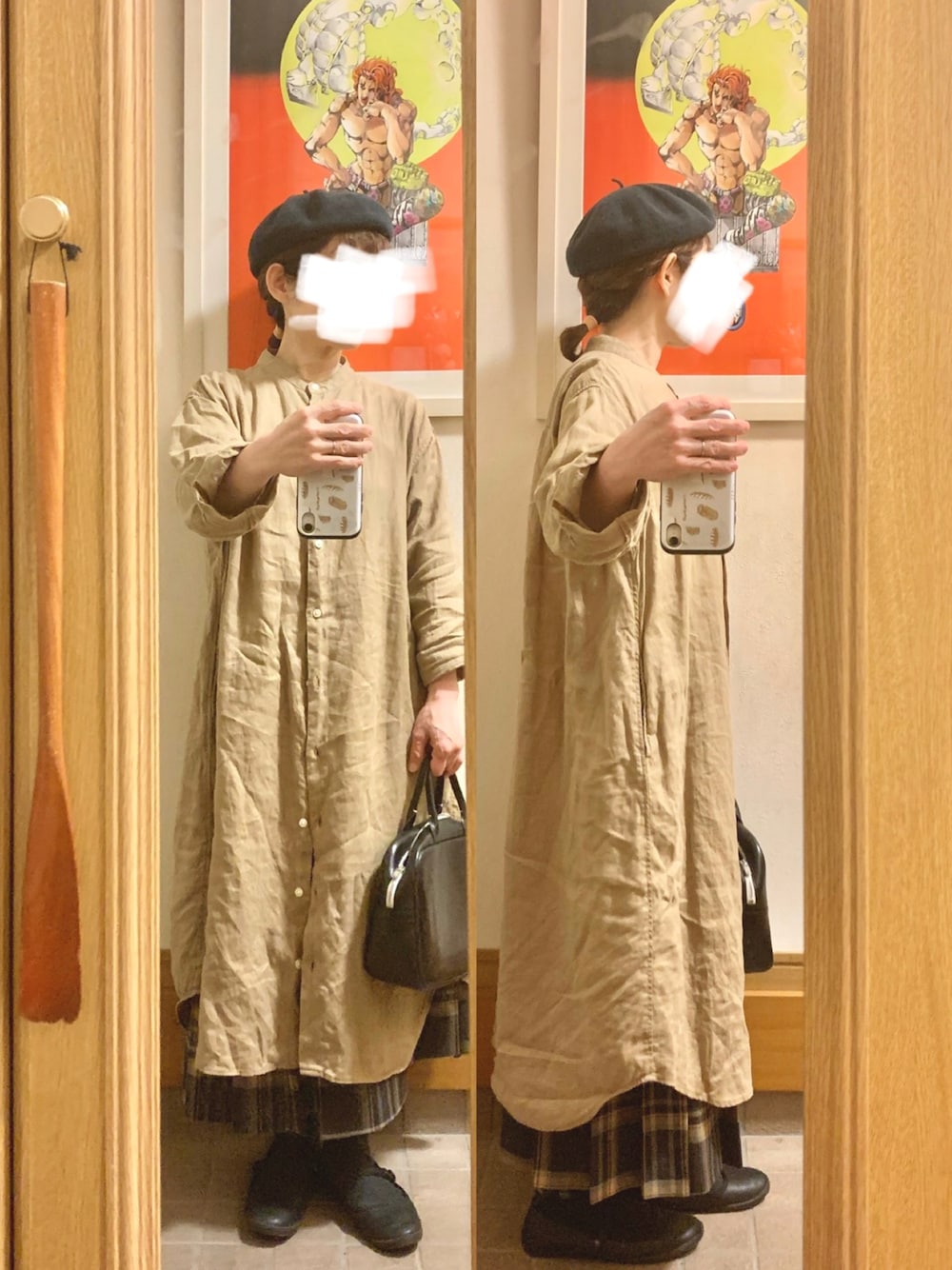 「昨日のコーデ、昨日の服、ベレー帽、リネン、シャツワンピ、古着、チェックスカート」｜「無印良品のアイテム（シャツワンピース、ブラウン系）」を使った、まっきさん（レディース・149cm）の春コーディネートの1枚目の写真