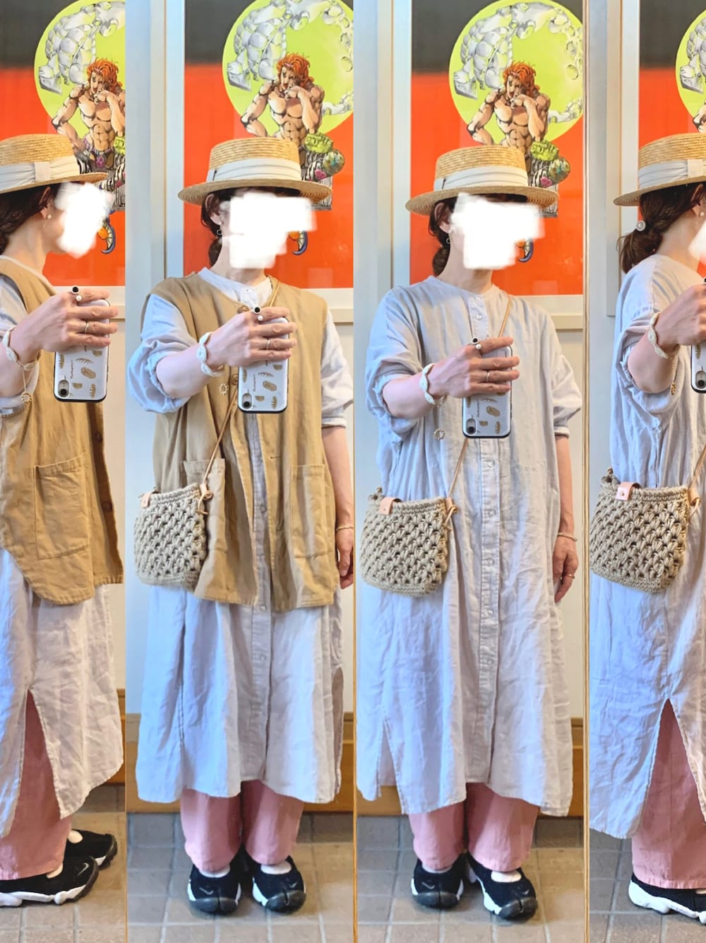 「今日のコーデ、今日の服、麦わら帽子、シャツワンピ、ピンク、ベスト、古着、作家メイド」｜「作家メイドのアイテム（ショルダーバッグ、ベージュ系）」を使った、まっきさん（レディース・150cm）の夏コーディネートの1枚目の写真