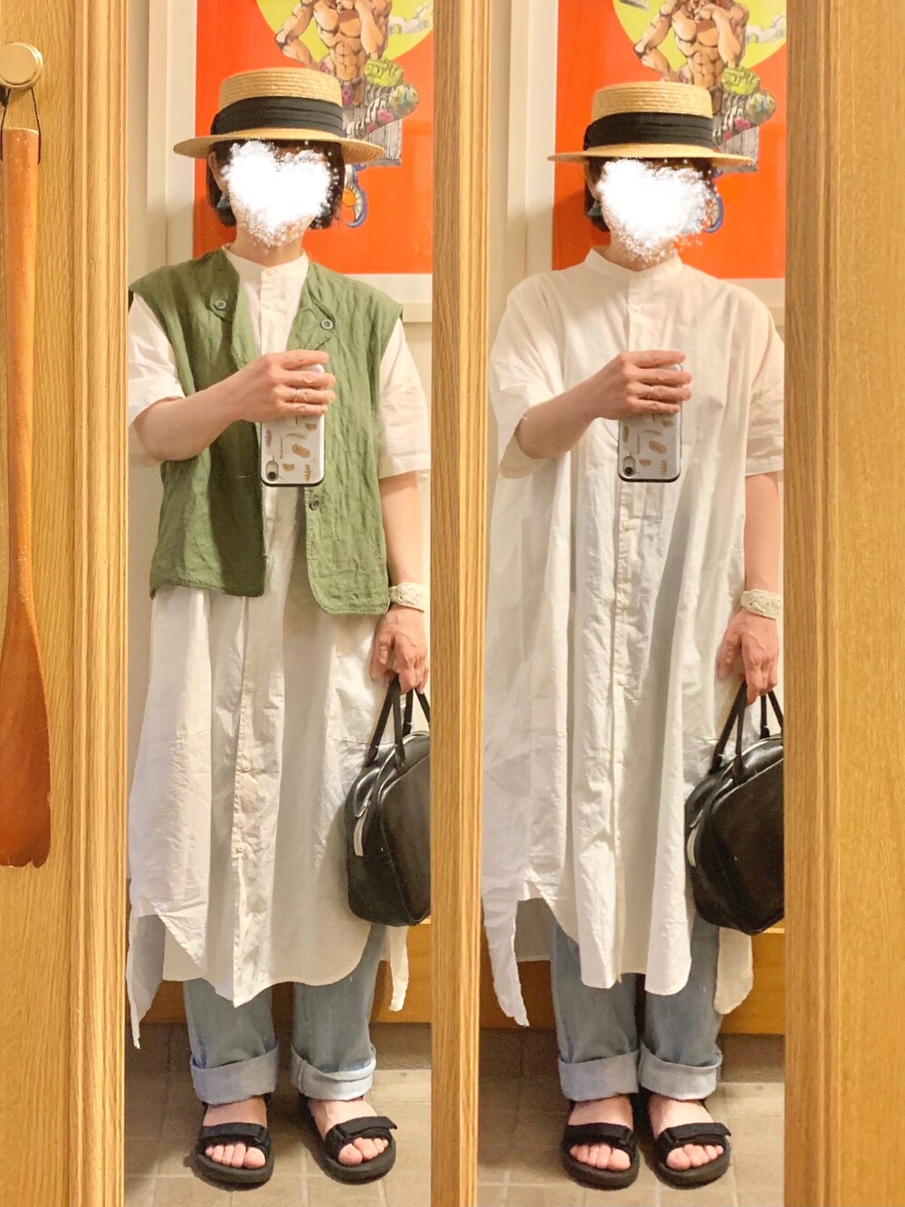 「今日のコーデ、今日の服、麦わら帽子、古着、シャツワンピ、薄色デニム、スポサン」｜「14+の麦ブレードカンカン帽（ハット、ブラック系）」を使った、まっきさん（レディース・149cm）の夏コーディネートの1枚目の写真