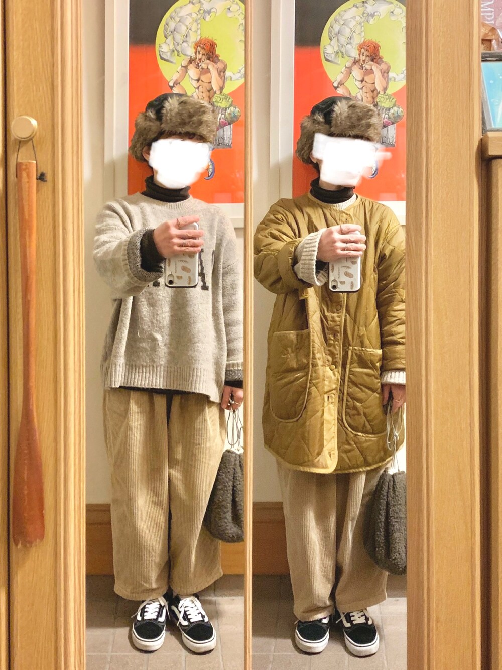 「昨日のコーデ、昨日の服、フライトキャップ、ライナー、タートルネック、ニット、コーデュロイパンツ、古着」｜「UNIQLOのアイテム（ニット/セーター、ブラウン系）」を使った、まっきさん（レディース・149cm）の春コーディネートの1枚目の写真