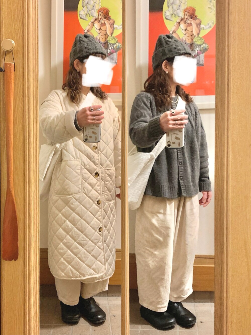 「昨日のコーデ、昨日の服、ニット帽、ニットカーディガン、コーデュロイパンツ」｜「Samansa Mos2のアイテム（カーディガン/ボレロ、グレー系）」を使った、まっきさん（レディース・150cm）の冬コーディネートの1枚目の写真
