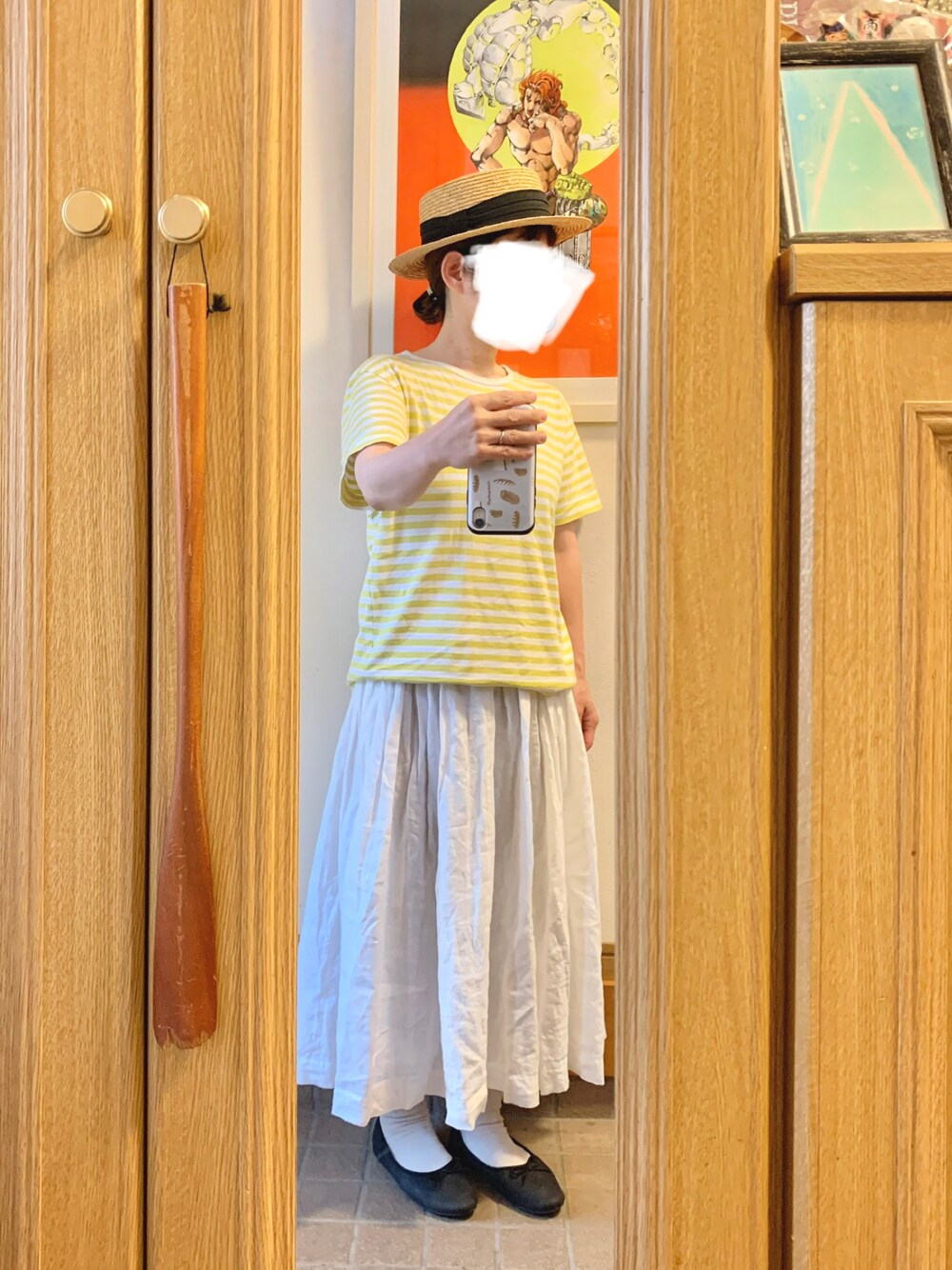 「昨日のコーデ、昨日の服、古着、ボーダー、リネンスカート」｜「Samansa Mos2 blueのアイテム（バレエシューズ、ブラック系）」を使った、まっきさん（レディース・150cm）の夏コーディネートの1枚目の写真