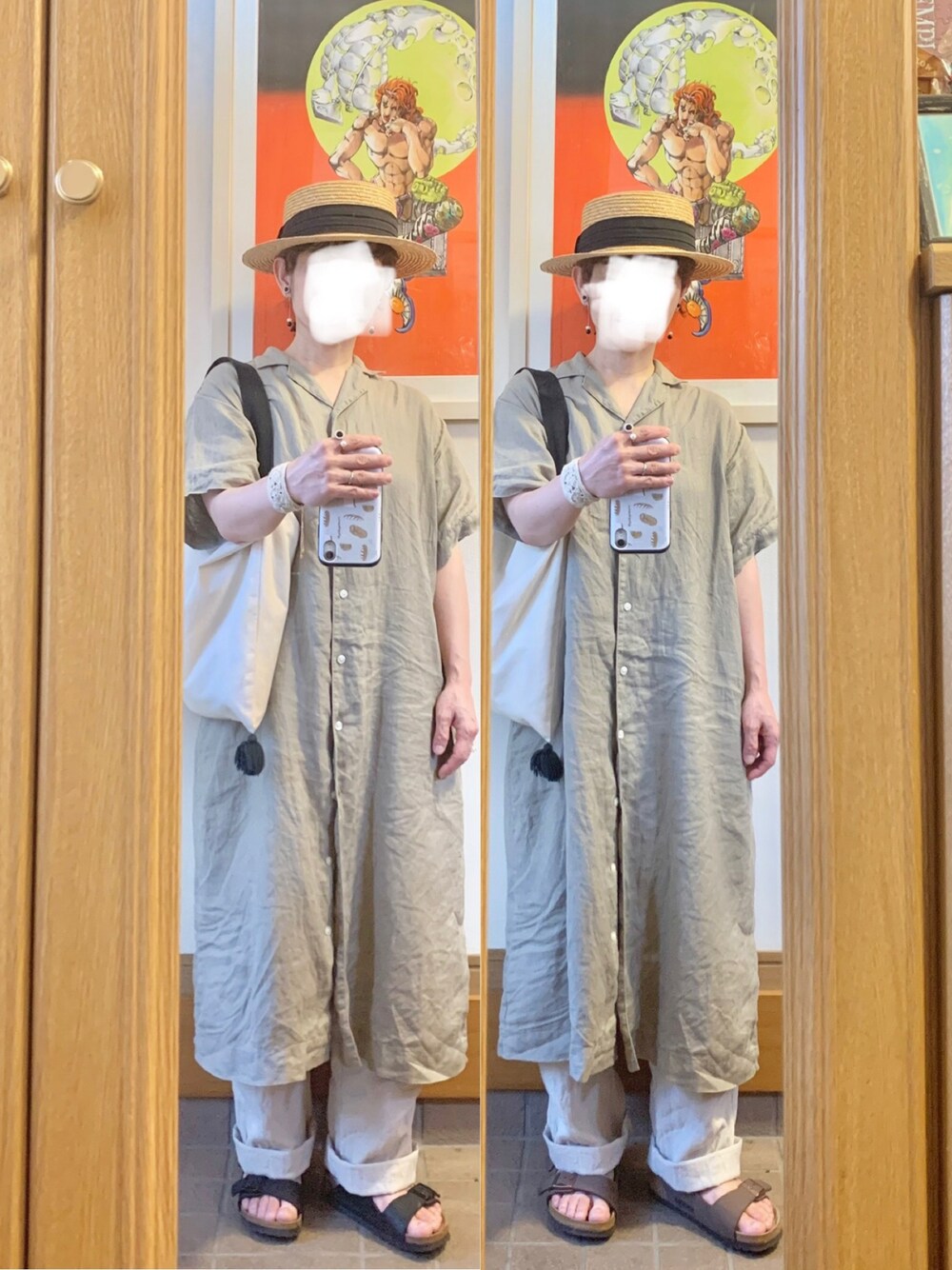 「昨日のコーデ、昨日の服、麦わら帽子、開襟シャツワンピース、リネン、リネンパンツ、サンダル、古着」｜「無印良品のアイテム（シャツワンピース、ベージュ系）」を使った、まっきさん（レディース・149cm）の秋コーディネートの1枚目の写真