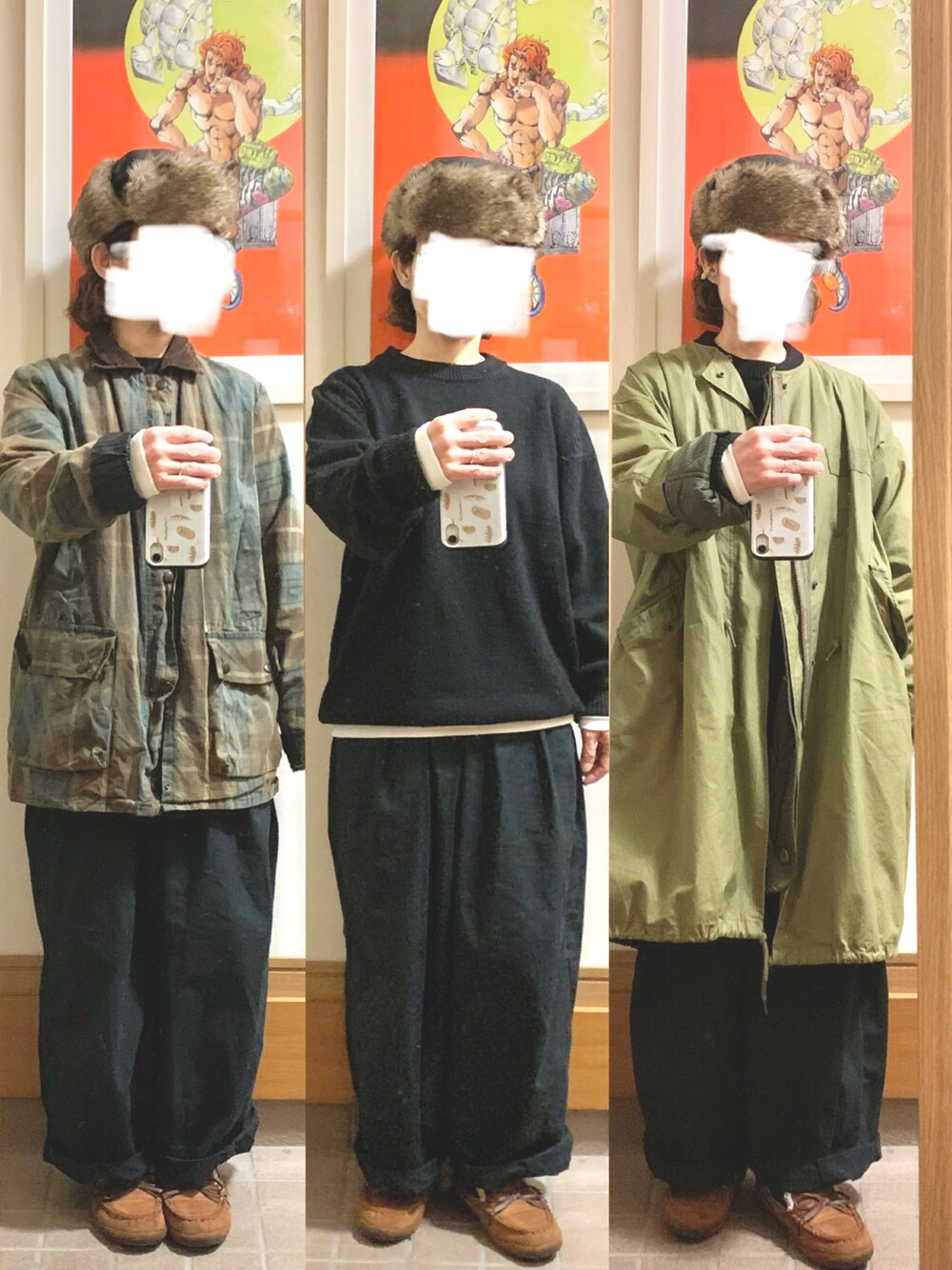 「昨日のコーデ、昨日の服、フライトキャップ、オイルドジャケット、古着、黒コーデ、メンズライク、メンズアイテム、モカシン、モッズコート」｜「GUのアイテム（ニット/セーター、ブラック系）」を使った、まっきさん（レディース・149cm）の冬コーディネートの1枚目の写真