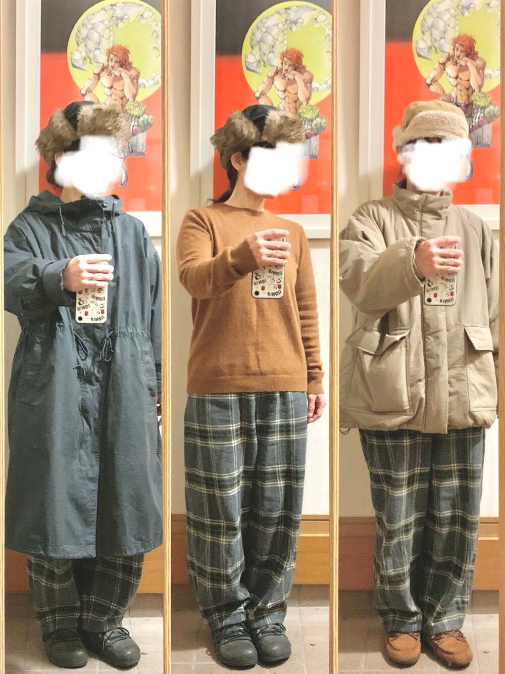 「昨日のコーデ、昨日の服、チェックパンツ、フライトキャップ」｜「UNIQLOのアイテム（ニット/セーター、ブラウン系）」を使った、まっきさん（レディース・150cm）の冬コーディネートの1枚目の写真
