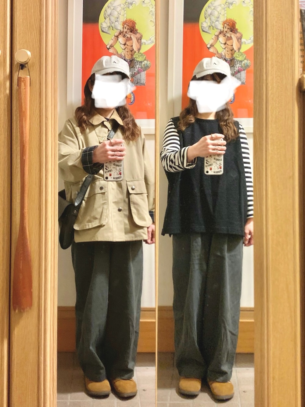 「昨日のコーデ、昨日の服、キャップ、ベスト、ボーダー、古着、モンタナ、中古靴、ハンティングジャケット」｜「マルシェ購入品のアイテム（ベスト、ブラック系）」を使った、まっきさん（レディース・150cm）の春コーディネートの1枚目の写真