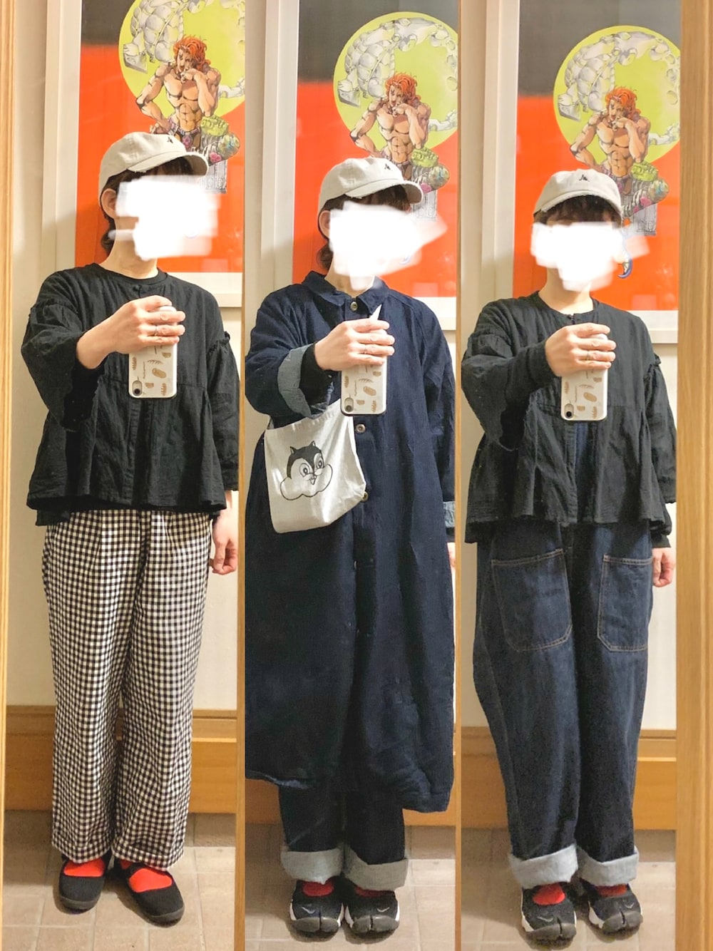 「昨日のコーデ、昨日の服、キャップ、赤靴下、ギンガムチェック、デニムオンデニム、デニムコート、オーバーオール」｜「UNIQLOのアイテム（Tシャツ/カットソー、ブラック系）」を使った、まっきさん（レディース・149cm）の春コーディネートの1枚目の写真
