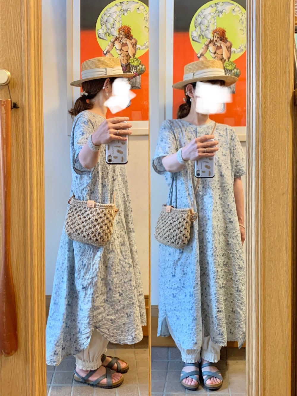 「昨日のコーデ、昨日の服、麦わら帽子、花柄ワンピース」｜「作家メイドのアイテム（ショルダーバッグ、ベージュ系）」を使った、まっきさん（レディース・150cm）の夏コーディネートの1枚目の写真