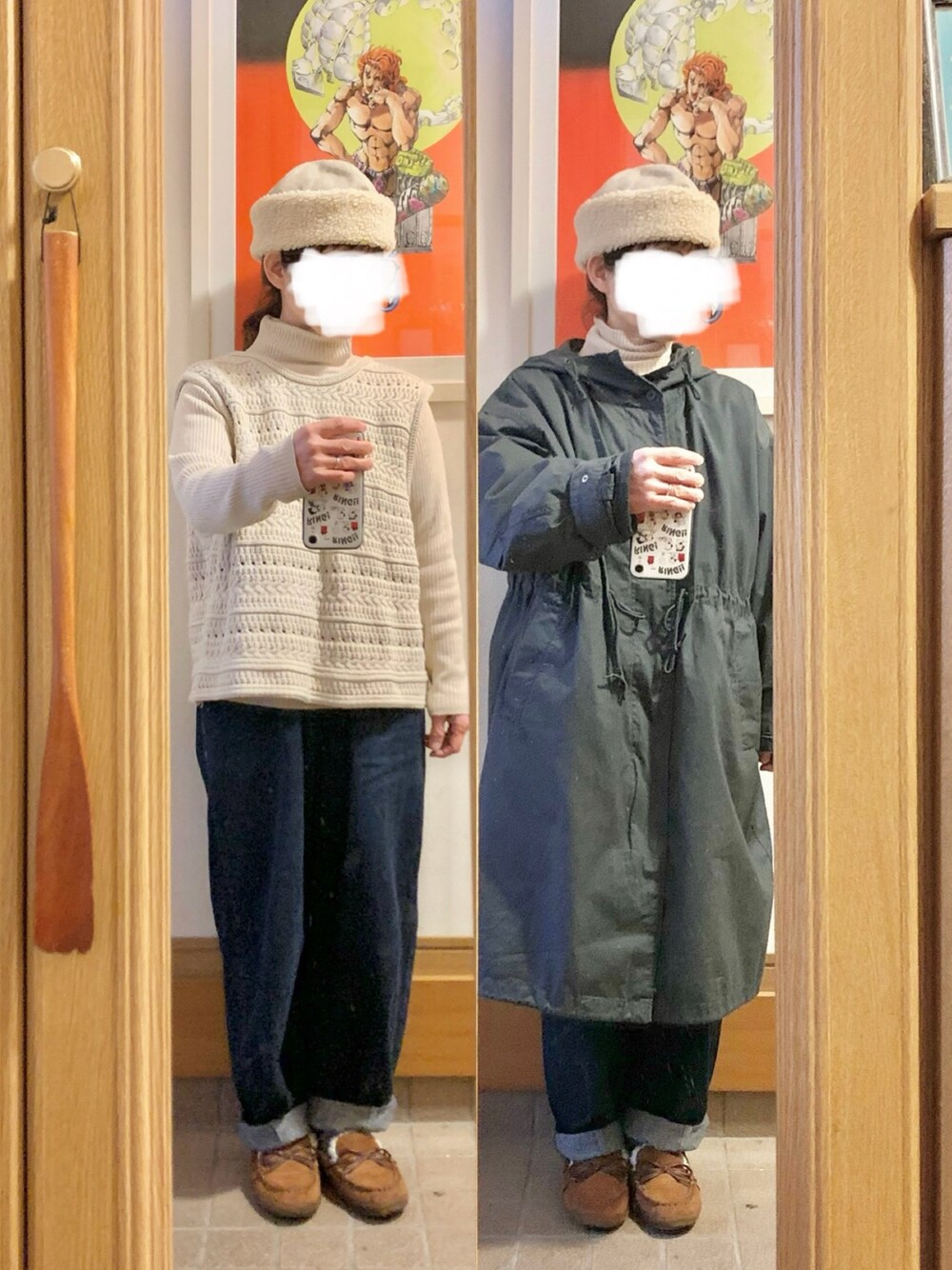 「今日のコーデ、今日の服、タートルネック、ベスト、デニム、古着、モッズコート、モカシン」｜「Samansa Mos2のかぎ針風ニットベスト（ベスト、ホワイト系）」を使った、まっきさん（レディース・150cm）の冬コーディネートの1枚目の写真