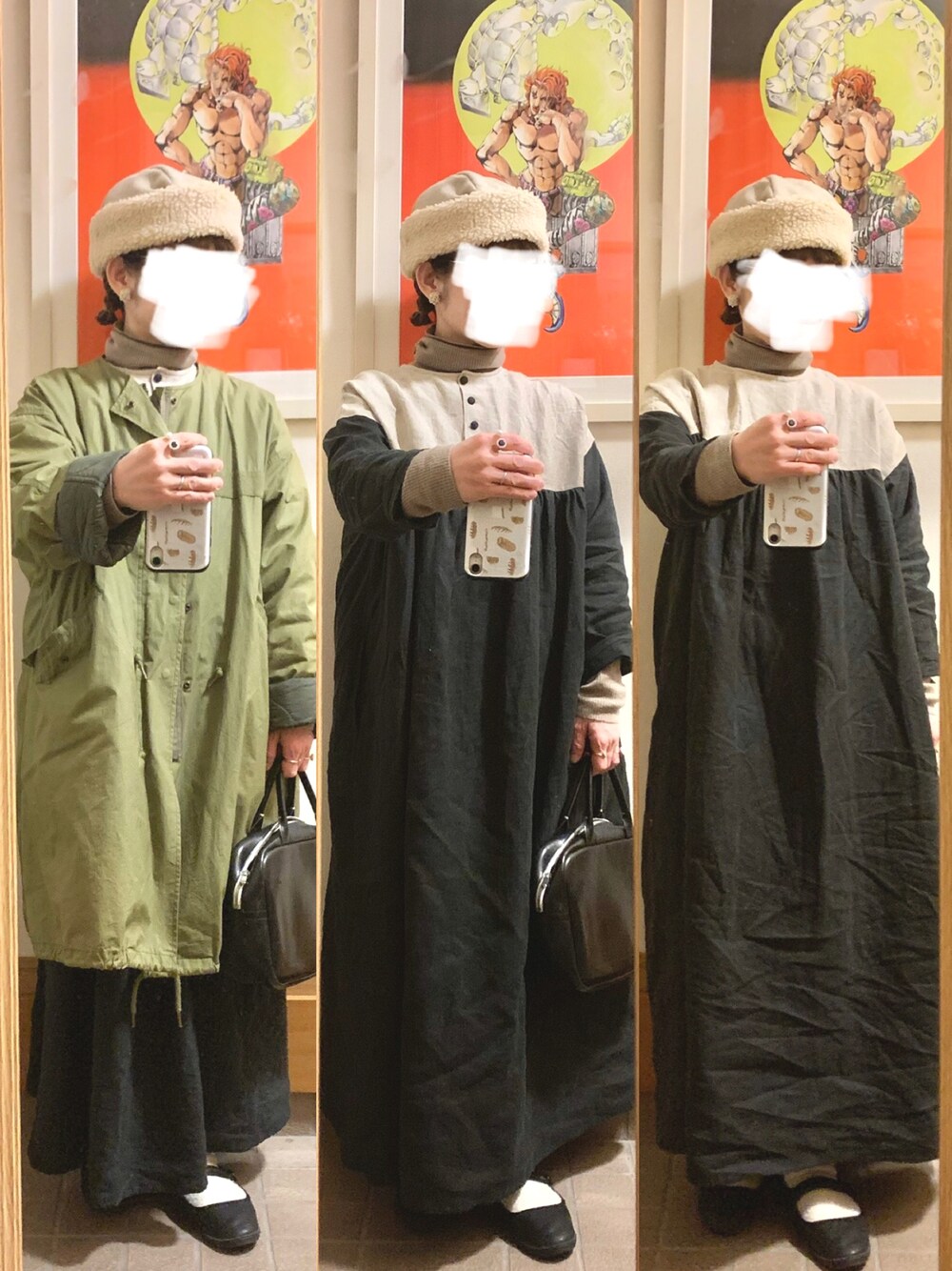 「今日のコーデ、今日の服、ワンピース、モノトーンコーデ、モッズコート、タートルネック」｜「作家メイドのアイテム（帽子、ベージュ系）」を使った、まっきさん（レディース・149cm）の冬コーディネートの1枚目の写真