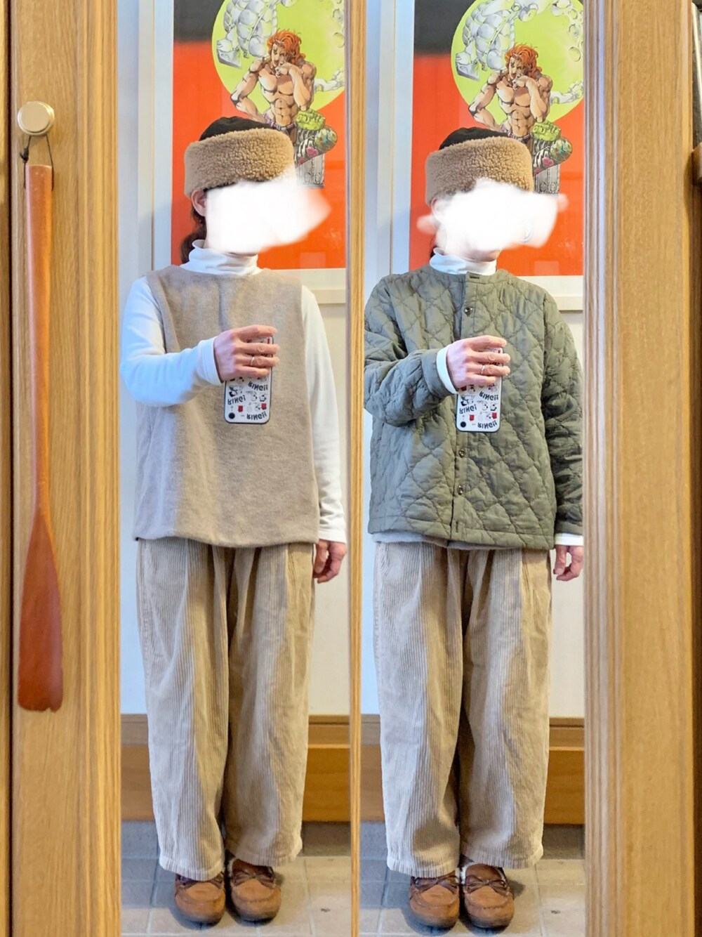 「昨日のコーデ、昨日の服、コーデュロイパンツ、モカシン、ベスト、ヒートテックフリースタートルネックＴシャツ」｜「作家メイドのアイテム（パンツ、ベージュ系）」を使った、まっきさん（レディース・150cm）の冬コーディネートの1枚目の写真