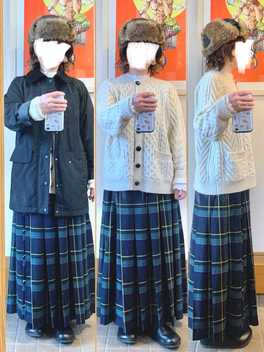 「今日のコーデ、今日の服、フライトキャップ、カーディガン、プリーツスカート、ハンティングジャケット」｜「UNIQLOのアイテム（ジャケット/アウター、ブラック系）」を使った、まっきさん（レディース・149cm）の冬コーディネートの1枚目の写真
