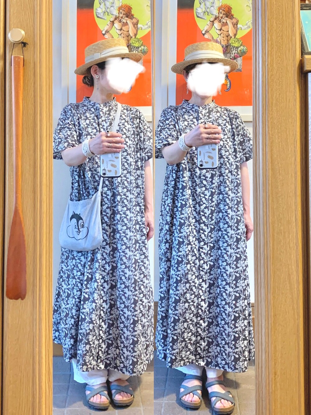 「今日のコーデ、今日の服、休日コーデ、プチプラ、夏のセールで買いました、麦わら帽子」｜「CLOUDNINEのアイテム（シャツワンピース、グレー系）」を使った、まっきさん（レディース・149cm）の夏コーディネートの1枚目の写真