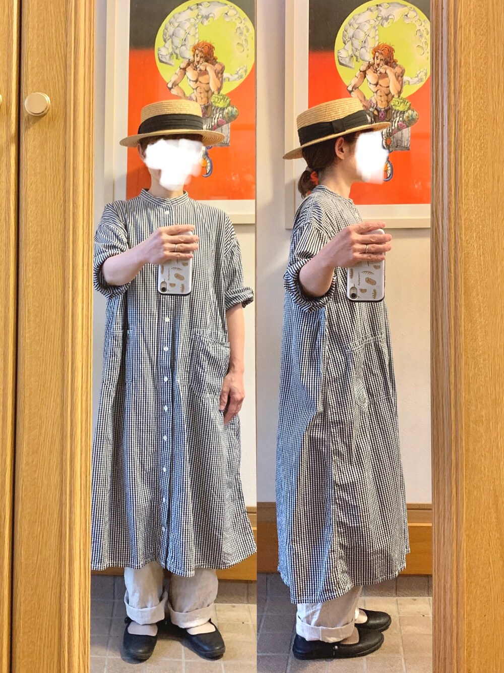 「昨日のコーデ、昨日の服、ギンガムチェック、シャツワンピ、古着」｜「14+の麦ブレードカンカン帽（ハット、ブラック系）」を使った、まっきさん（レディース・149cm）の秋コーディネートの1枚目の写真
