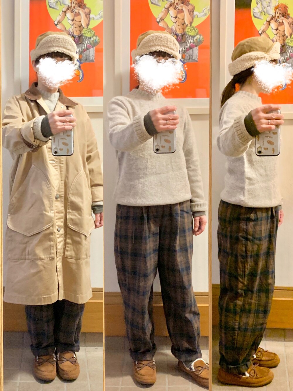 「今日のコーデ、今日の服、古着、メンズアイテム、チェックパンツ、モカシン」｜「studio CLIPのアイテム（パンツ、ブラウン系）」を使った、まっきさん（レディース・149cm）の冬コーディネートの1枚目の写真