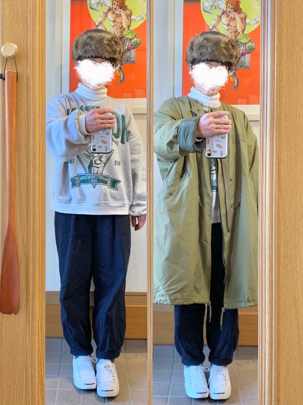 「今日のコーデ、今日の服、フライトキャップ、モッズコート、スウェット、ヒートテックフリースタートルネックＴシャツ、ジャックパーセル、バルーンパンツ」｜「CONVERSEのアイテム（スニーカー、ホワイト系）」を使った、まっきさん（レディース・149cm）の冬コーディネートの1枚目の写真