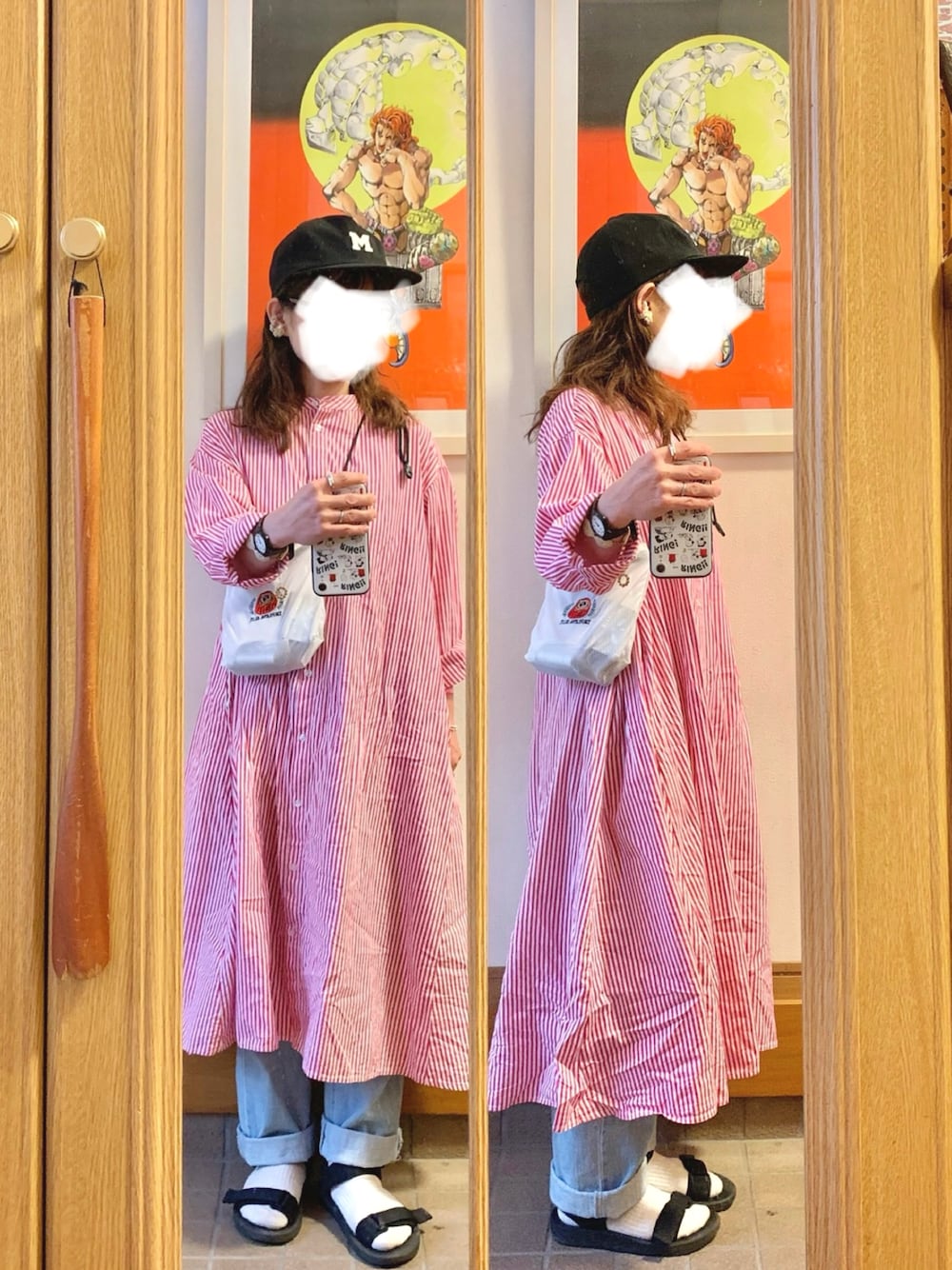「昨日のコーデ、昨日の服、ピンク、古着、キャップ、薄色デニム、スポサン、スポサン×靴下、サコッシュ」｜「古着屋購入品のアイテム（キャップ、ブラック系）」を使った、まっきさん（レディース・150cm）の春コーディネートの1枚目の写真