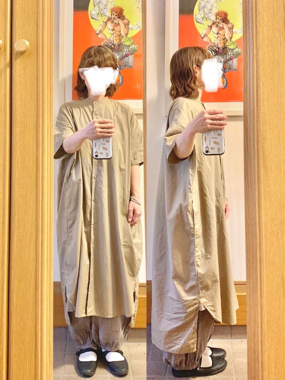 「今日のコーデ、今日の服、シャツワンピ、茶色コーデ、色違いコーデ、古着」｜「Samansa Mos2のアイテム（シャツワンピース、ベージュ系）」を使った、まっきさん（レディース・149cm）の秋コーディネートの1枚目の写真