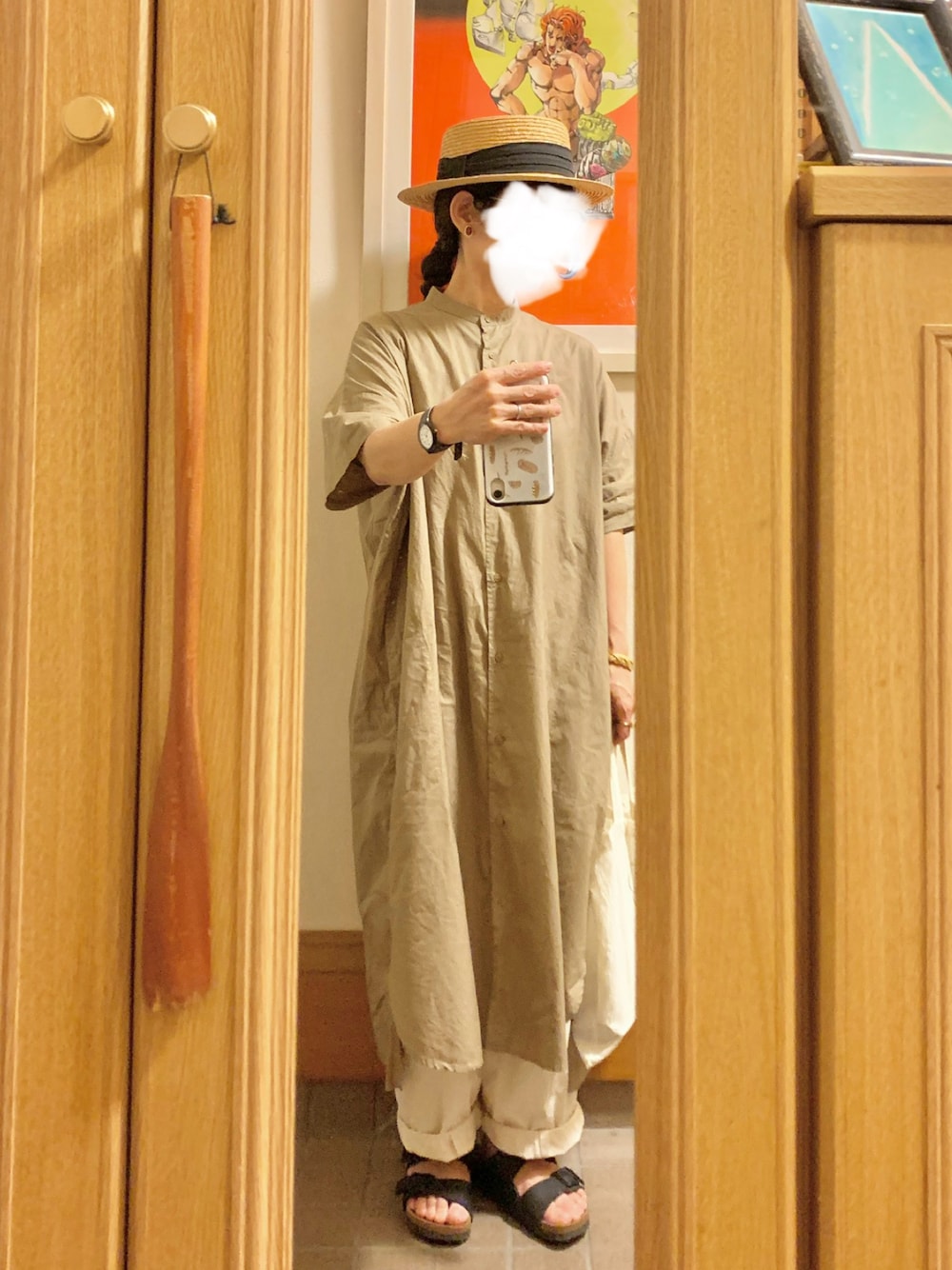 「今日のコーデ、今日の服、シンプルコーデ、シャツワンピ、古着、アリゾナ」｜「14+のアイテム（ハット、ブラック系）」を使った、まっきさん（レディース・150cm）の秋コーディネートの1枚目の写真