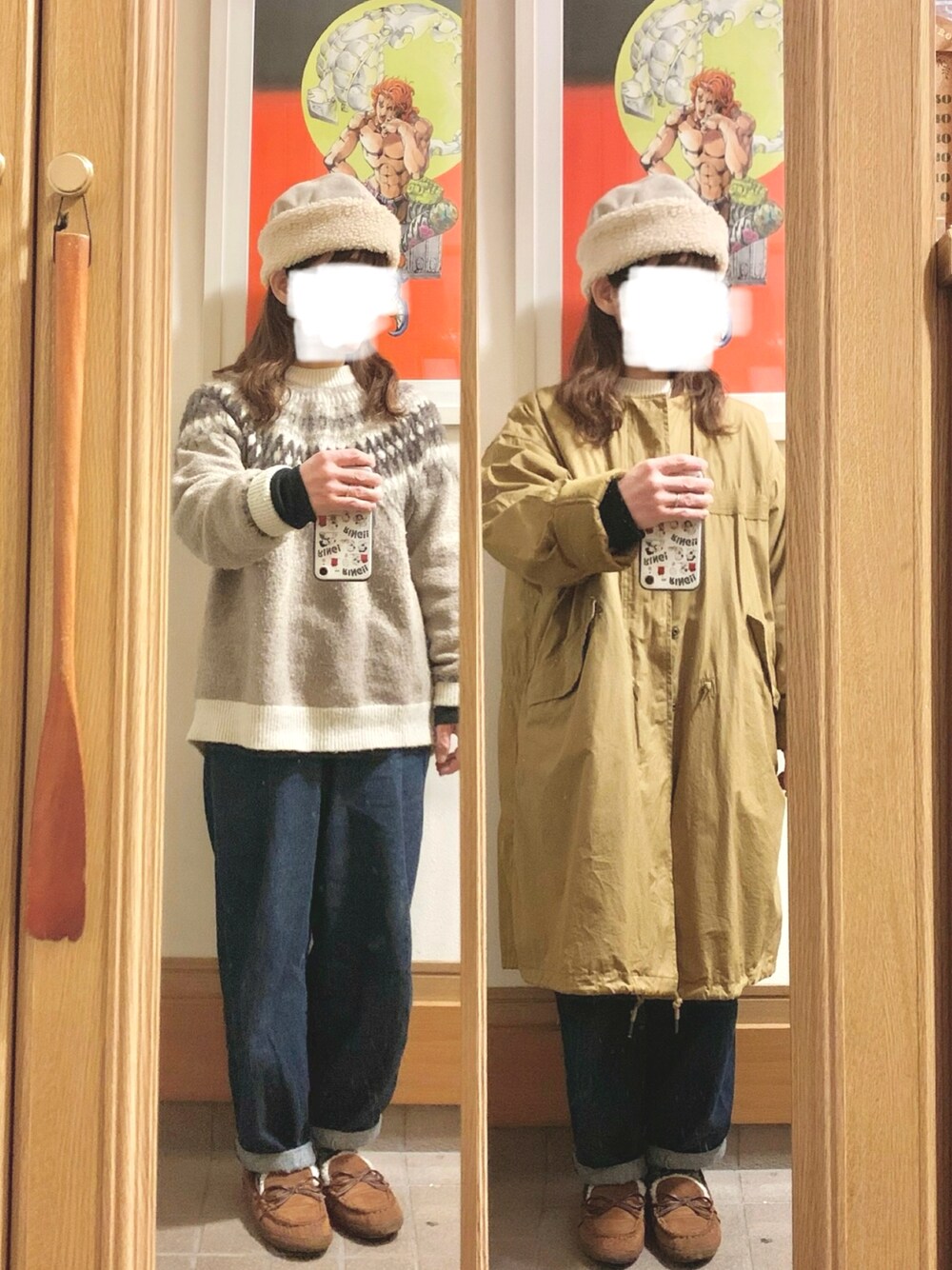 「昨日のコーデ、昨日の服、シンプルコーデ、ニット、デニム、モカシン、モッズコート、古着」｜「シーズンリーズンのアイテム（ニット/セーター、ベージュ系）」を使った、まっきさん（レディース・150cm）の冬コーディネートの1枚目の写真