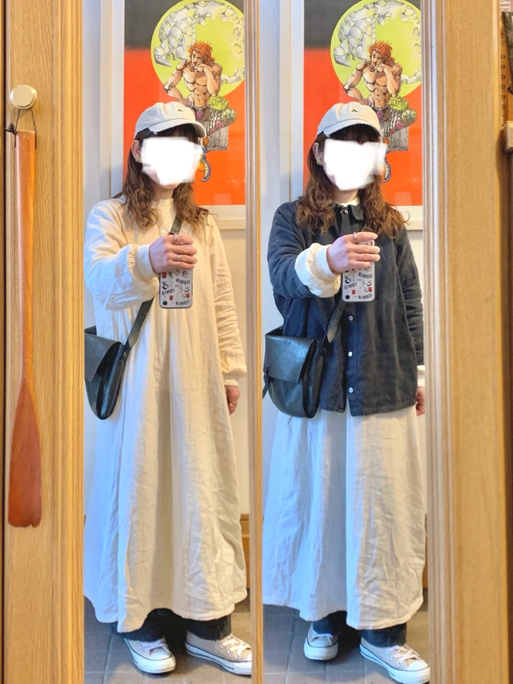 「昨日のコーデ、昨日の服、キャップ、ワンピース、古着」｜「HEAVENLYのアイテム（シャツ/ブラウス、ブラック系）」を使った、まっきさん（レディース・150cm）の春コーディネートの1枚目の写真