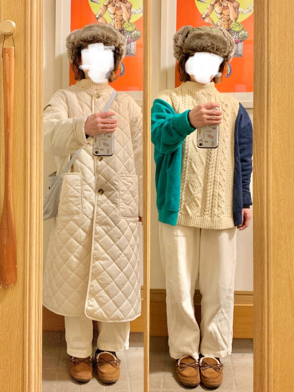 「今日のコーデ、今日の服、フライトキャップ、古着、リメイク古着、キルティングコート」｜「マルシェ購入品のアイテム（ニット/セーター、ホワイト系）」を使った、まっきさん（レディース・149cm）の冬コーディネートの1枚目の写真