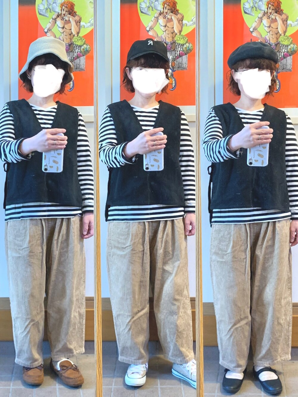 「今日のコーデ、今日の服、ボーダー、ベスト、コーデュロイパンツ、キャップ、秋冬コーデ」｜「マルシェ購入品のアイテム（ベスト、ブラック系）」を使った、まっきさん（レディース・149cm）の秋コーディネートの1枚目の写真
