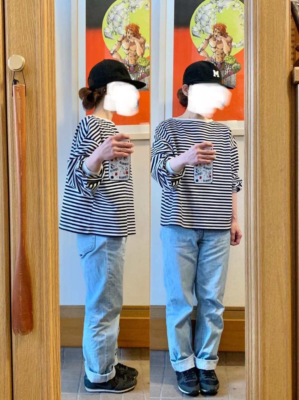 「今日のコーデ、今日の服、キャップ、ボーダー、古着、薄色デニム、中古靴」｜「chocol raffine robeのアイテム（Tシャツ/カットソー、その他）」を使った、まっきさん（レディース・150cm）の春コーディネートの1枚目の写真