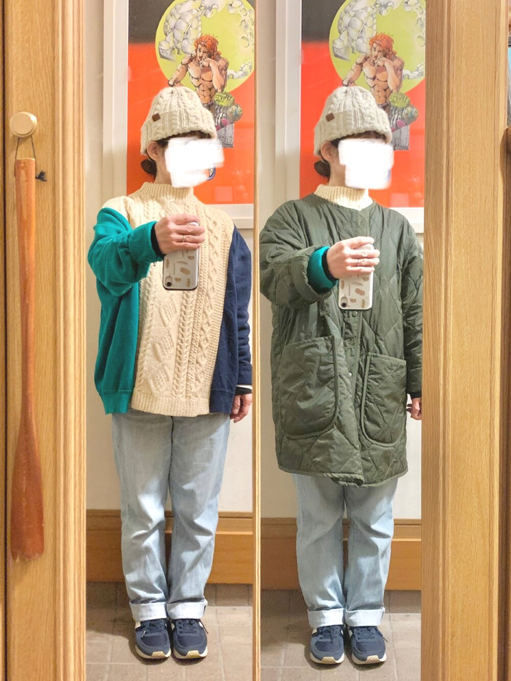 「昨日のコーデ、昨日の服、ニット帽、リメイク古着、古着、薄色デニム、ライナー、スニーカー、中古靴」｜「マルシェ購入品のアイテム（ニット/セーター、ホワイト系）」を使った、まっきさん（レディース・149cm）の春コーディネートの1枚目の写真
