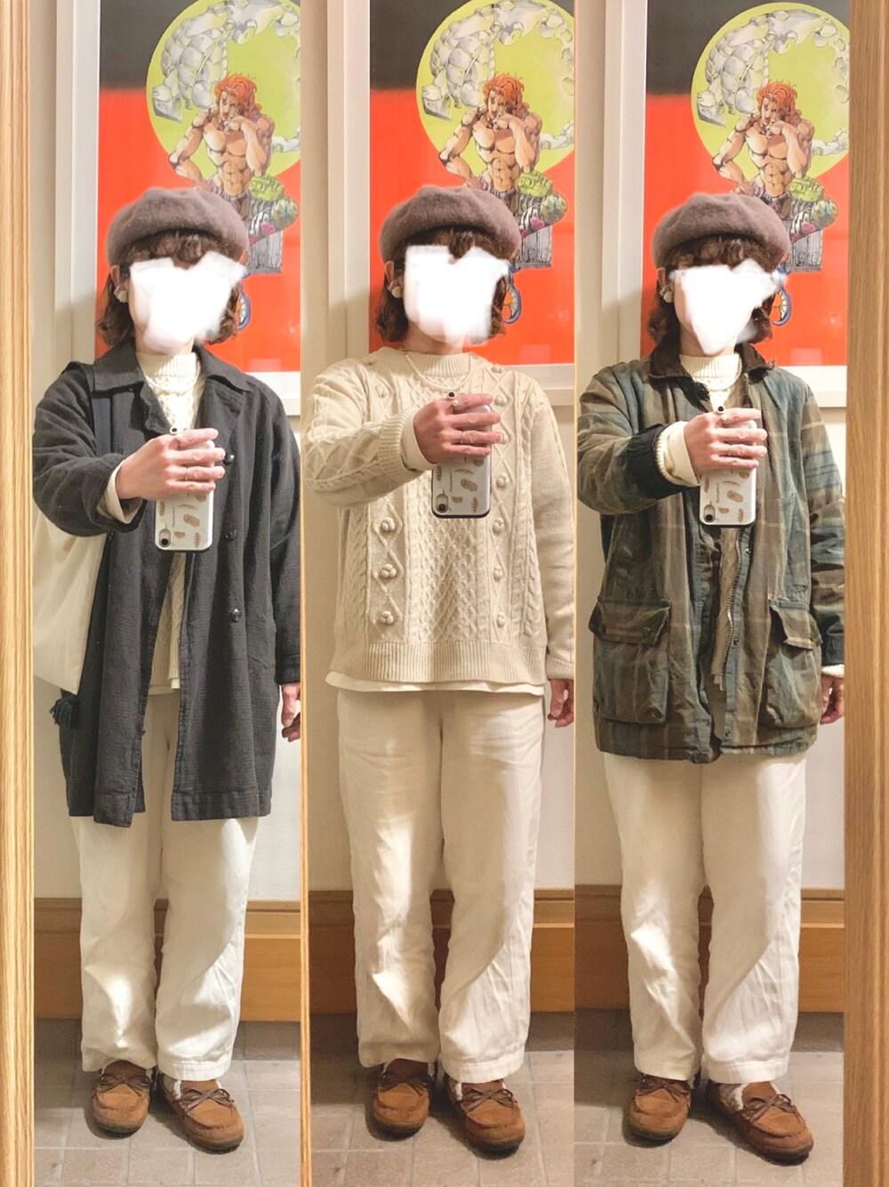 「昨日のコーデ、昨日の服、ベレー帽、ニット、モカシン、オイルドジャケット、古着」｜「しまむらのアイテム（ニット/セーター、ホワイト系）」を使った、まっきさん（レディース・149cm）の冬コーディネートの1枚目の写真