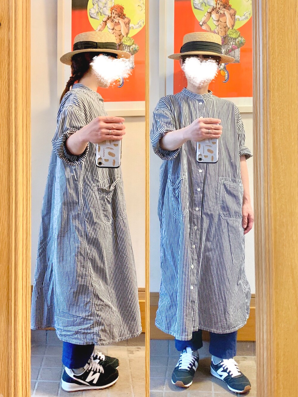 「今日のコーデ、今日の服、古着、麦わら帽子、中古靴、ギンガムチェック」｜「NEW BALANCEのアイテム（スニーカー、ブラック系）」を使った、まっきさん（レディース・149cm）の秋コーディネートの1枚目の写真