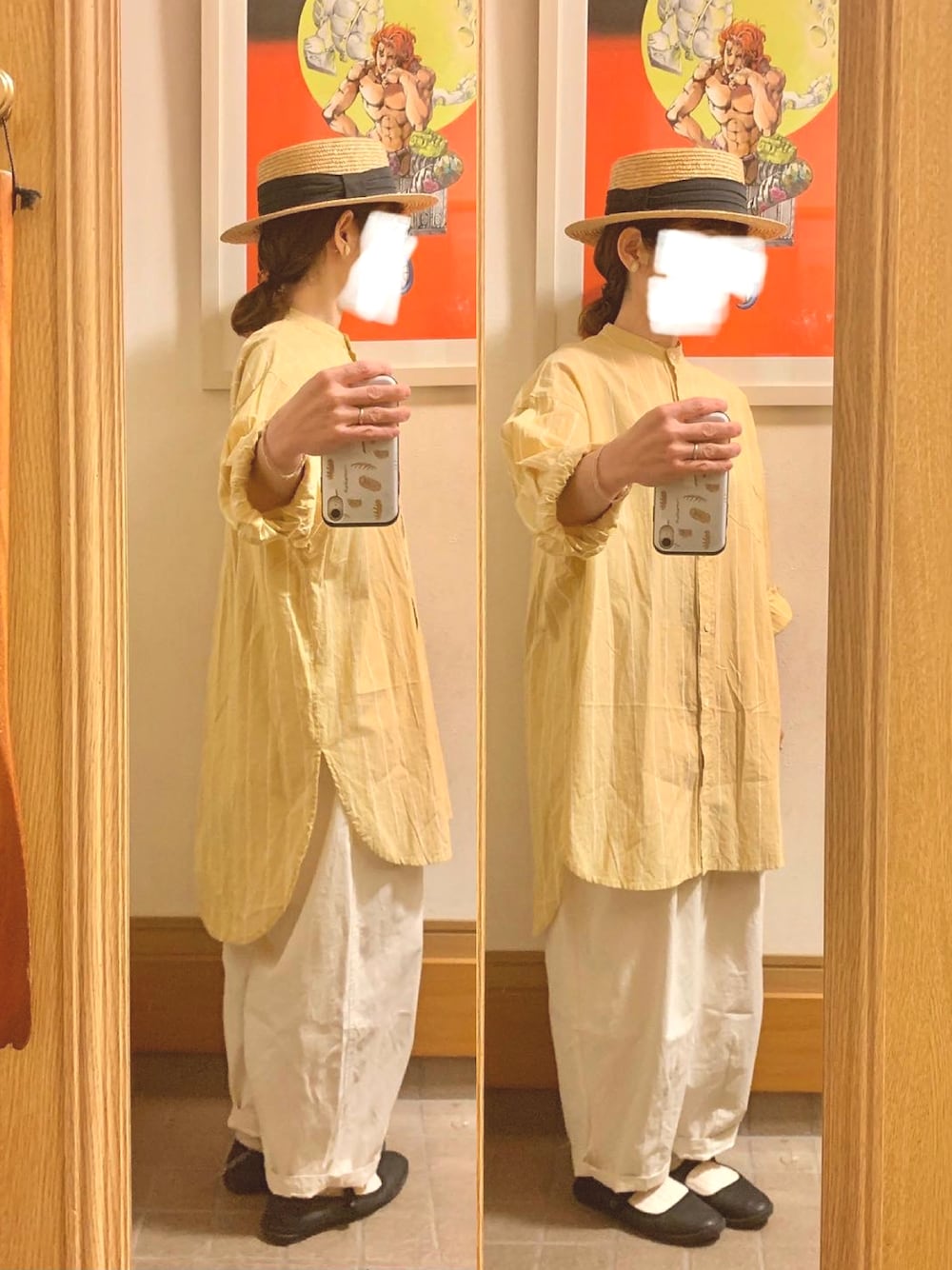 「昨日の買い物、ストライプシャツワンピ、ピンク、スウェット、古着」｜「N.O.R.Cのアイテム（シャツワンピース、イエロー系）」を使った、まっきさん（レディース・149cm）の春コーディネートの1枚目の写真