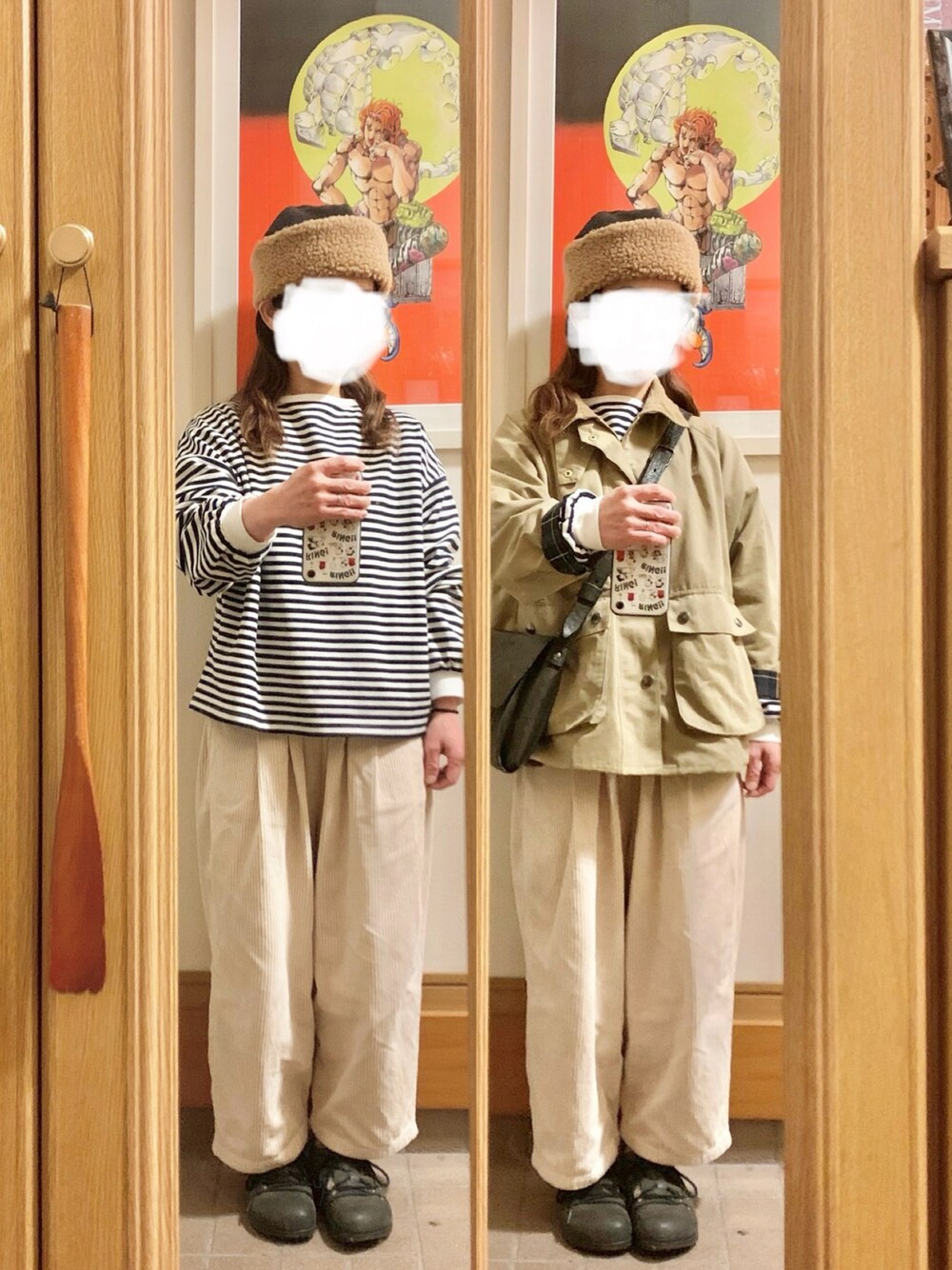 「昨日の服、昨日のコーデ、古着MIX、ボーダー、コーデュロイパンツ」｜「chocol raffine robeのアイテム（Tシャツ/カットソー、その他）」を使った、まっきさん（レディース・150cm）の春コーディネートの1枚目の写真