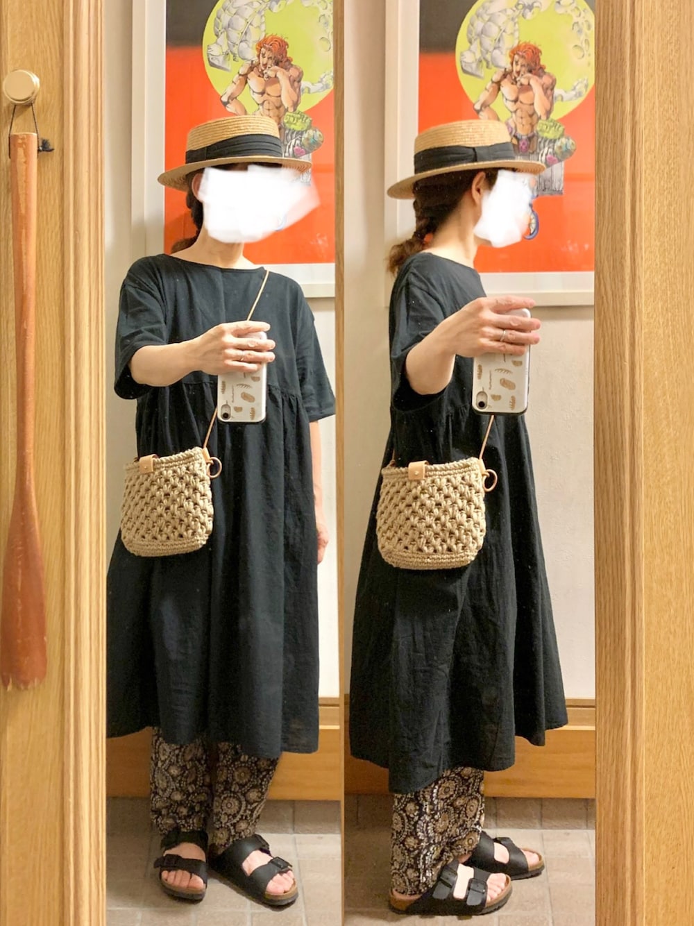 「昨日のコーデ、昨日の服、プチプラ、柄パンツ、麻紐バック、アリゾナ、麦わら帽子」｜「14+のアイテム（ハット、ブラック系）」を使った、まっきさん（レディース・150cm）の夏コーディネートの1枚目の写真