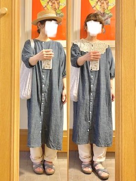 「麦わら帽子」｜「アイテム（シャツワンピース）」を使った、まっきさん（レディース・149cm）の夏コーディネート