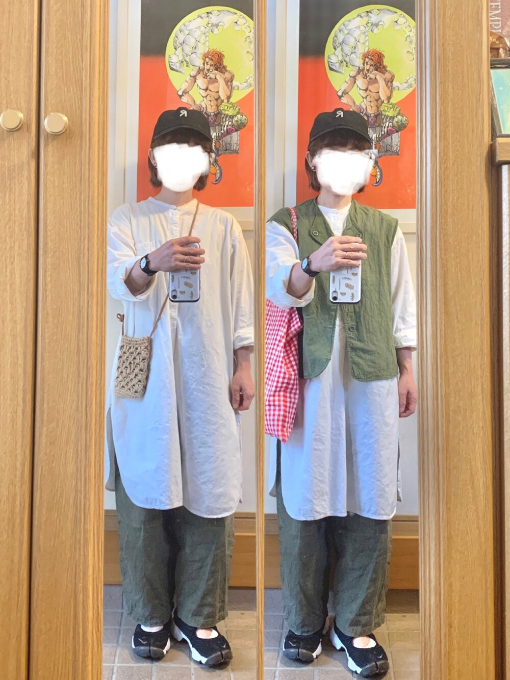 「今日のコーデ、今日の服、古着、リメイク古着、キャップ、ベスト、作家メイド、作家メイド服、エアリフト」｜「古着のアイテム（ベスト、グリーン系）」を使った、まっきさん（レディース・149cm）の秋コーディネートの1枚目の写真