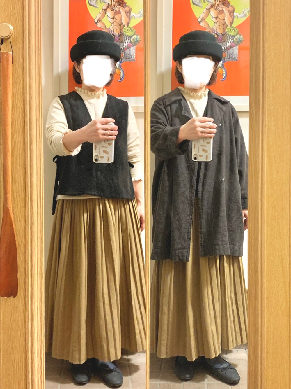 「今日のコーデ、今日の服、ベスト、プリーツスカート、バレエシューズ」｜「Samansa Mos2のフェルトトークハット（ハット、ブラック系）」を使った、まっきさん（レディース・149cm）の秋コーディネートの1枚目の写真