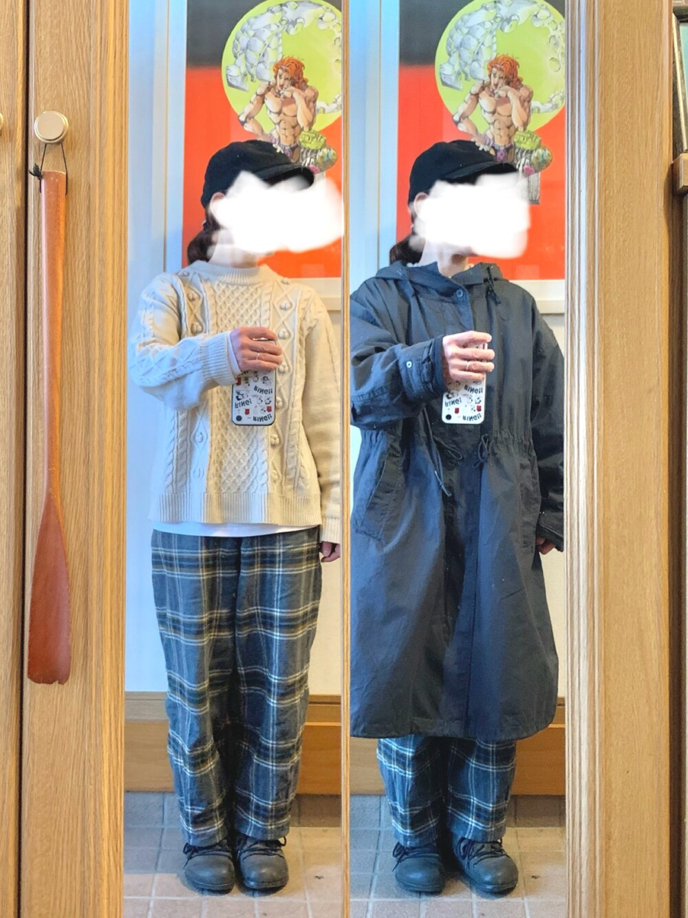 「今日のコーデ、今日の服、キャップ、ニット、チェックパンツ、モンタナ」｜「しまむらのアイテム（ニット/セーター、ホワイト系）」を使った、まっきさん（レディース・150cm）の冬コーディネートの1枚目の写真