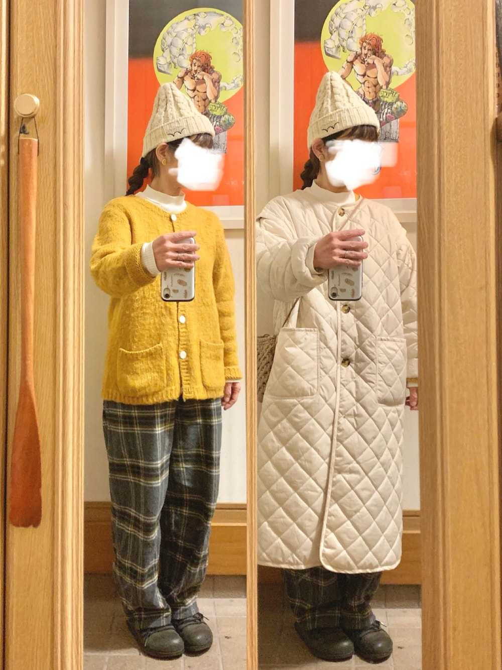 「昨日のコーデ、昨日の服、ニット帽、カーディガン、チェックパンツ」｜「古着のアイテム（カーディガン/ボレロ、イエロー系）」を使った、まっきさん（レディース・150cm）の冬コーディネートの1枚目の写真