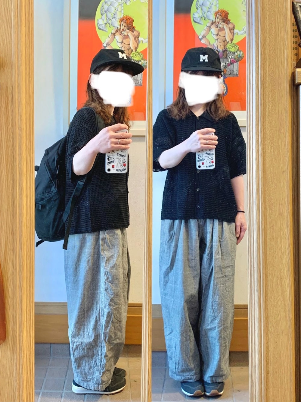 「昨日のコーデ、昨日の服、キャップ、透かし編みニット、グレンチェック」｜「古着屋購入品のアイテム（キャップ、ブラック系）」を使った、まっきさん（レディース・150cm）の春コーディネートの1枚目の写真